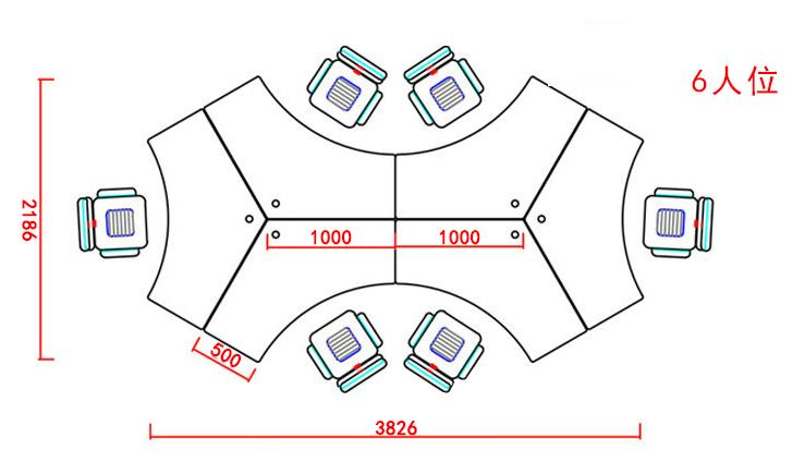 异形办公桌六人位尺寸图